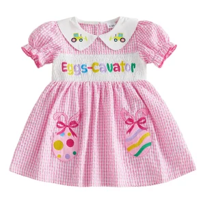 Little Girls Easter Embroidery Plaid Dress