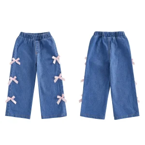 Girls Elastic Waist Denim Jeans with 3D Bow